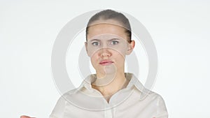 Woman expressing anger, white background