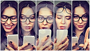 Woman expressing different emotions using smartphone