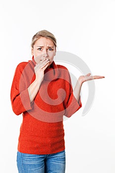 Woman expressing fear and apprehension in holding secret