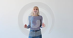 Woman Expressing Surprise on White Background