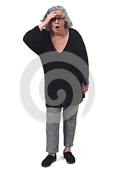 Woman with expression of forgetfulness or surprise on white background