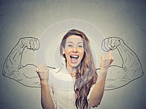 Woman exults pumping fists ecstatic celebrates success