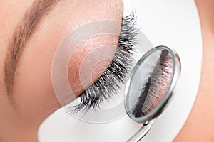 Woman eye with beauty lashes. Eyelash extension procedure