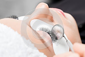 Woman eye with beauty lashes. Eyelash extension procedure