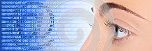 Woman eye on blue technology e-mail background