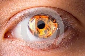 Woman eye with burning fire in it