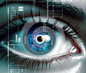 Woman eye with digital coding iris screen. Concept of iris recognition. AI generated