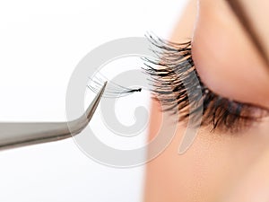 Woman eye with long eyelashes. Eyelash extension photo