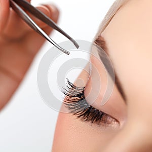 Woman eye with long eyelashes. Eyelash extension.