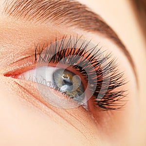 Woman eye with long eyelashes. Eyelash extension