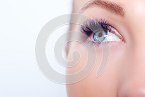 Woman Eye with Long Eyelashes. Eyelash Extension. Lashes, close up, selected focus.