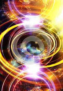 Woman Eye and music note and cosmic space with stars. abstract color background, and yellow light, fire circle. eye