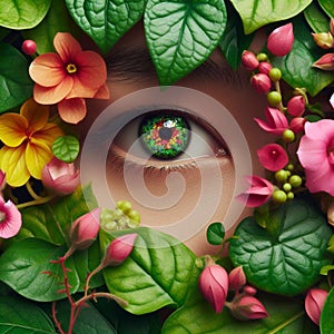 Woman eye staring intensely through lush green foliage and vibrant colorful flowers. Generated AI