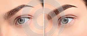 Woman before and after eyebrow correction. Banner design photo