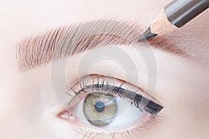 Woman eyebrow tint close up, makeup with brow pencil