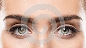 Woman Eyes Close up. Natural Beauty Eye Eyebrow long Eyelashes Make up. Open Eyes looking at Camera
