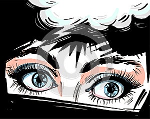 Woman eyes close up vector illustraton with speech bubble , surprised wow feminine pop art retro comic style face