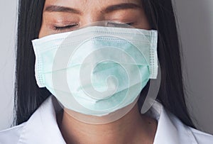 Woman eyes closed wearing face medical mask, Healthcare And Medicine concept