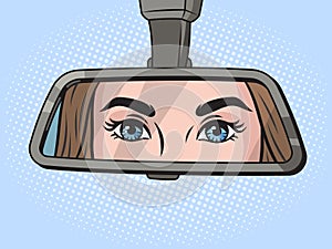 Woman eyes in rear view mirror of car vector