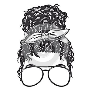 Woman face with Afro Messy Bun with glasses vintage hairstyles vector line art illustration photo