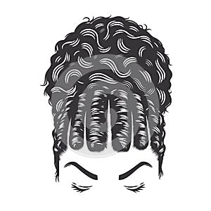 Woman face with Afro Natural Hairstyle curly flat twist Bun vintage hairstyles vector line art illustration