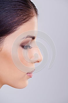 Woman, face and beauty for cosmetology, dermatology and skincare for hygiene and aesthetic in studio. Model, lady and