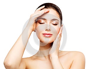 Woman Face Beauty Skin Care, Beautiful Girl Healthy Make Up, Touching Makeup by Hands, Natural Skincare and Treatment