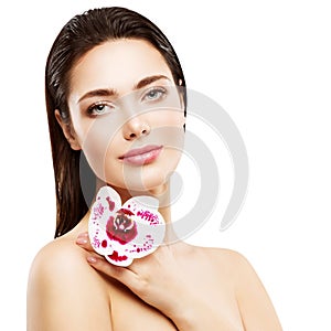 Woman Face Beauty Skin Care and Flower, Beautiful Girl Healthy Make Up Skincare and Treatment