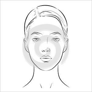 Woman face. Black and white line sketch front portrait
