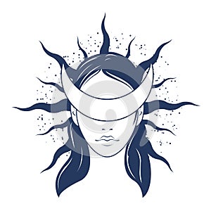 Woman face blindfold with crescent shaped,  gorgon, witch with eyes closed by moon photo
