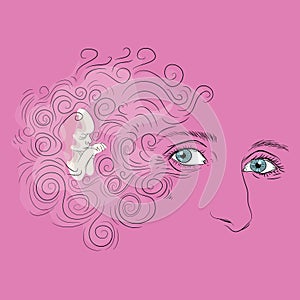 Woman face with blue eyes and curly hair. Small baby girl sleeping. Vector illustration on pink background