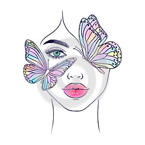 Woman face and butterflies. Modern fashion illustration.