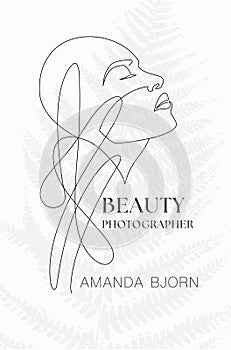 Woman Face Card Template, Line Art Illustration. Female head Minimalist line design with abstract expressive lines