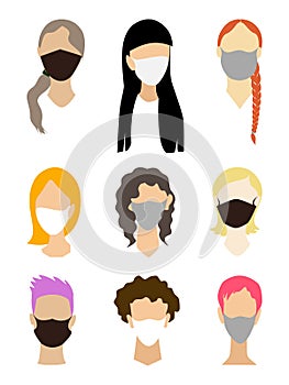 Woman face collection without eyes with a medical mask. Avatar set with different hair style, isolated on white. Flat concept to