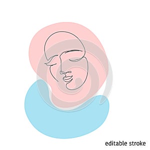 Woman Face in Continuous Line Drawing. Sketchy Girl Character. Outline Simple Artwork with Editable Stroke. Vector illustration