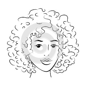 Woman face with curly hair, black outline on white background