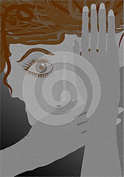 Woman face with curly hair frightened eye, one eye and lips covered with hands sepia Illustration