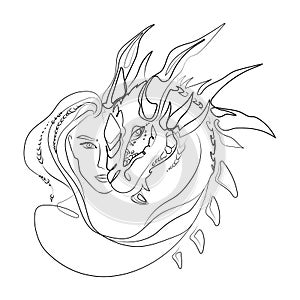 Woman face with dragon muzzle Line art drawing vector illustration.Magic, esoterics, occultism, fairy tale.