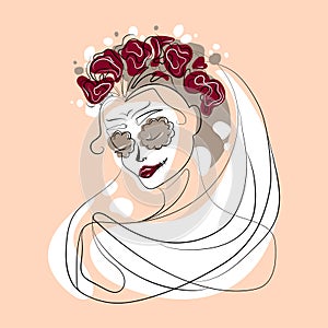 Woman face in flower wreath and sugar skull makeup vector minimal art illustration.Dia de los muertos poster