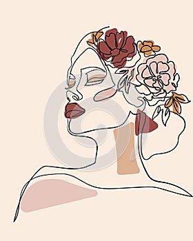 Woman face with flowers in her hair, line drawing art.