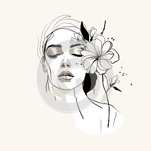 Woman face with flowers. Surreal Line art female floral girl. PNG transparent. Generative Ai