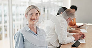 Woman, face and glasses in workplace meeting with employees, staff and company conference room in Sweden. Smile