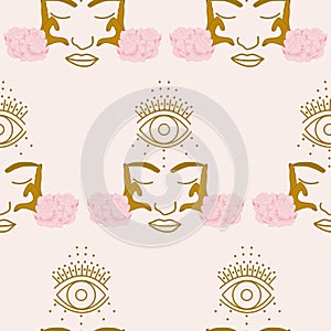 Woman face, golden hands and eye in a seamless pattern design