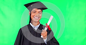 Woman, face and green screen for graduation, smile or pride for achievement, diploma or mockup. College student girl