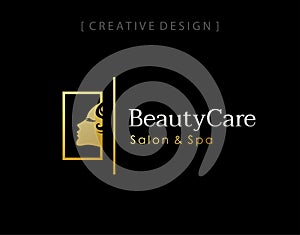 Woman face and hair logo in aquare monoline logo icon design template element
