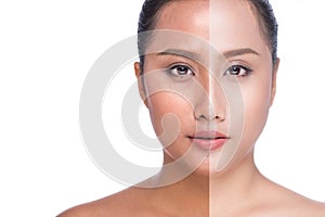 Woman face with half tan skin isolated on white background