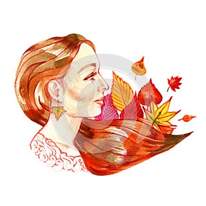 Woman face. Hand painted watercolor illustration. Fall simbol. Autumn illustration