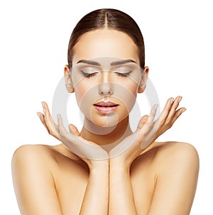 Woman Face Hands Beauty, Skin Care Makeup Eyes Closed, Make Up