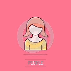 Woman face icon in comic style. People cartoon vector illustration on isolated background. Partnership splash effect business