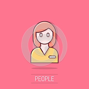 Woman face icon in comic style. People cartoon vector illustration on isolated background. Partnership splash effect business